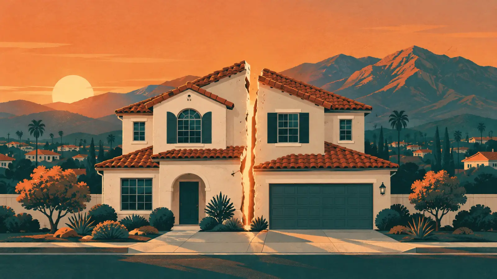 Illustration of a Corona two-story stucco home split down the middle with the Santa Ana Mountains behind it, representing a co-owned property partition
