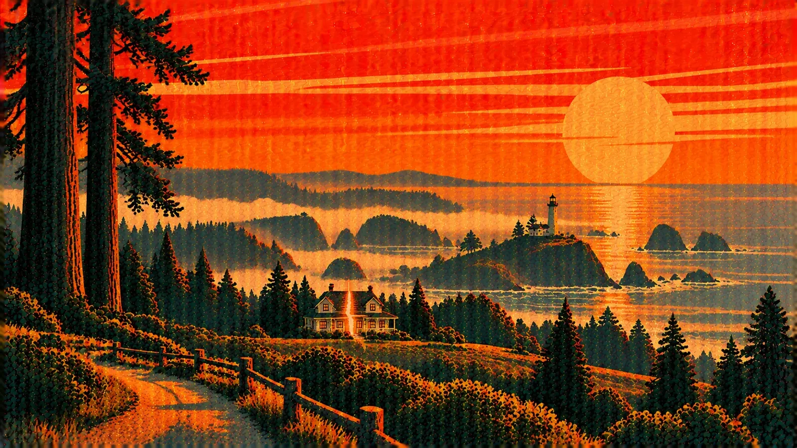 Illustration of a Crescent City cottage split down the middle with a lighthouse, redwoods and the foggy Pacific behind it, representing a co-owned property partition