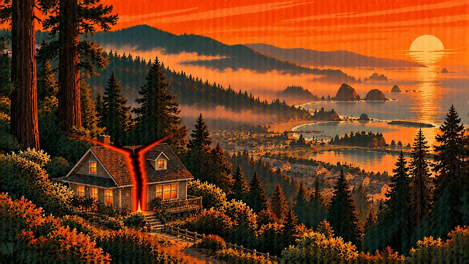 Illustration of a Del Norte County cottage split down the middle with towering redwoods and the foggy Pacific behind it, representing a co-owned property partition