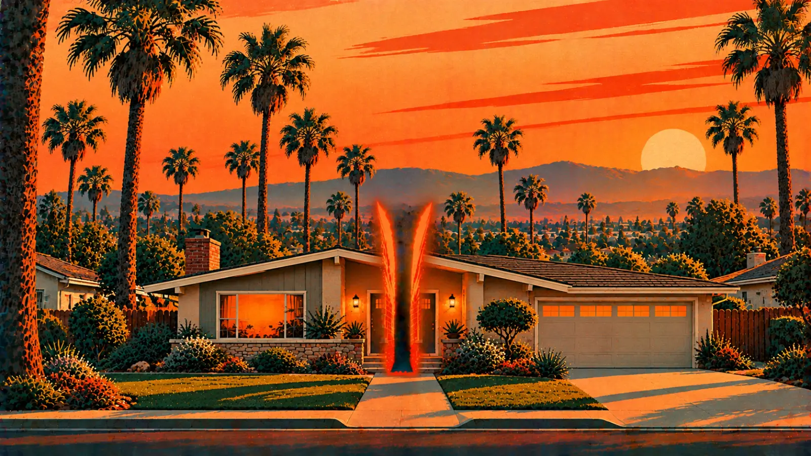Illustration of a Downey mid-century ranch home split down the middle on a palm-lined street, representing a co-owned property partition
