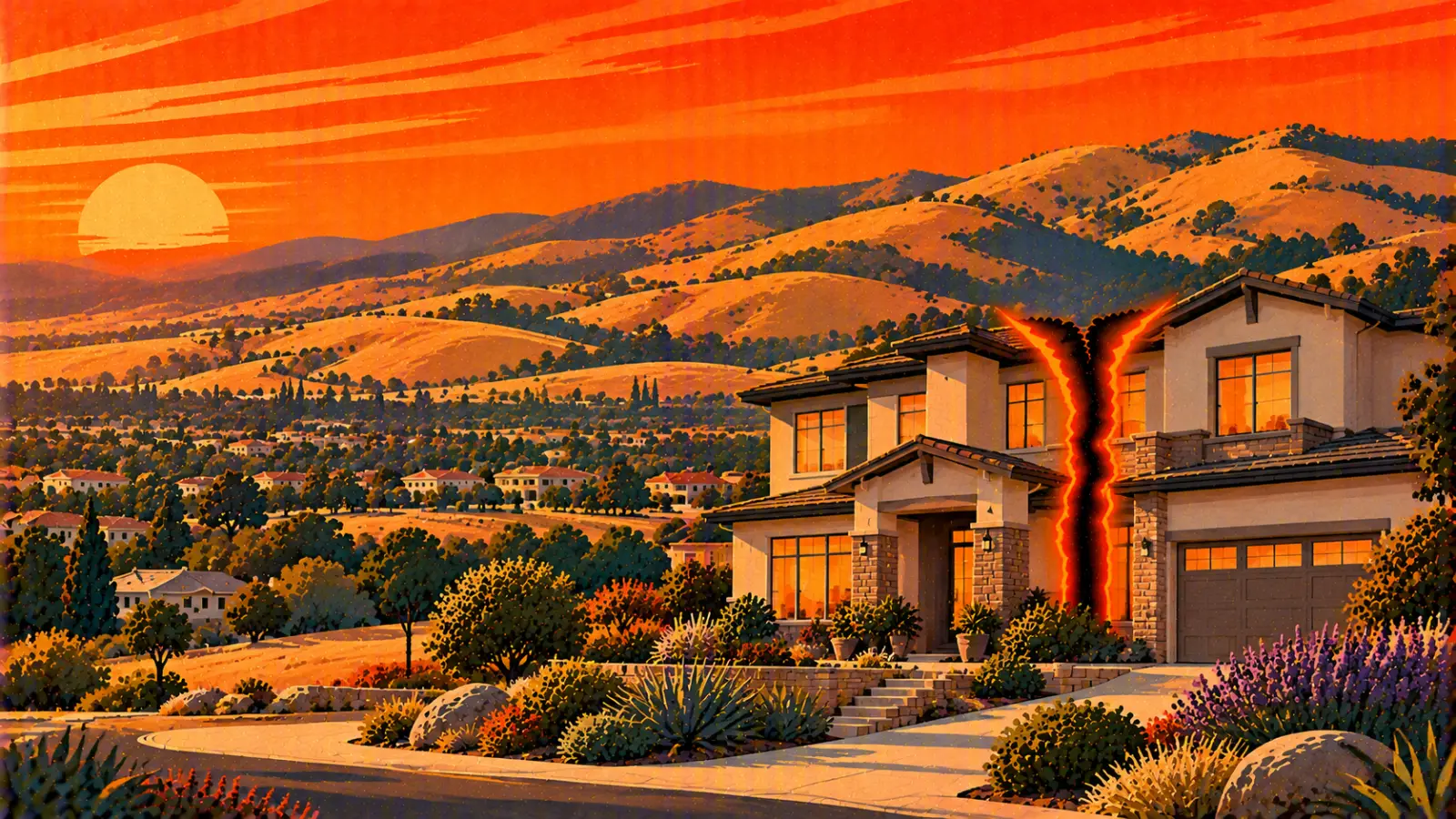 Illustration of a Dublin modern two-story home split down the middle with golden hills behind it, representing a co-owned property partition