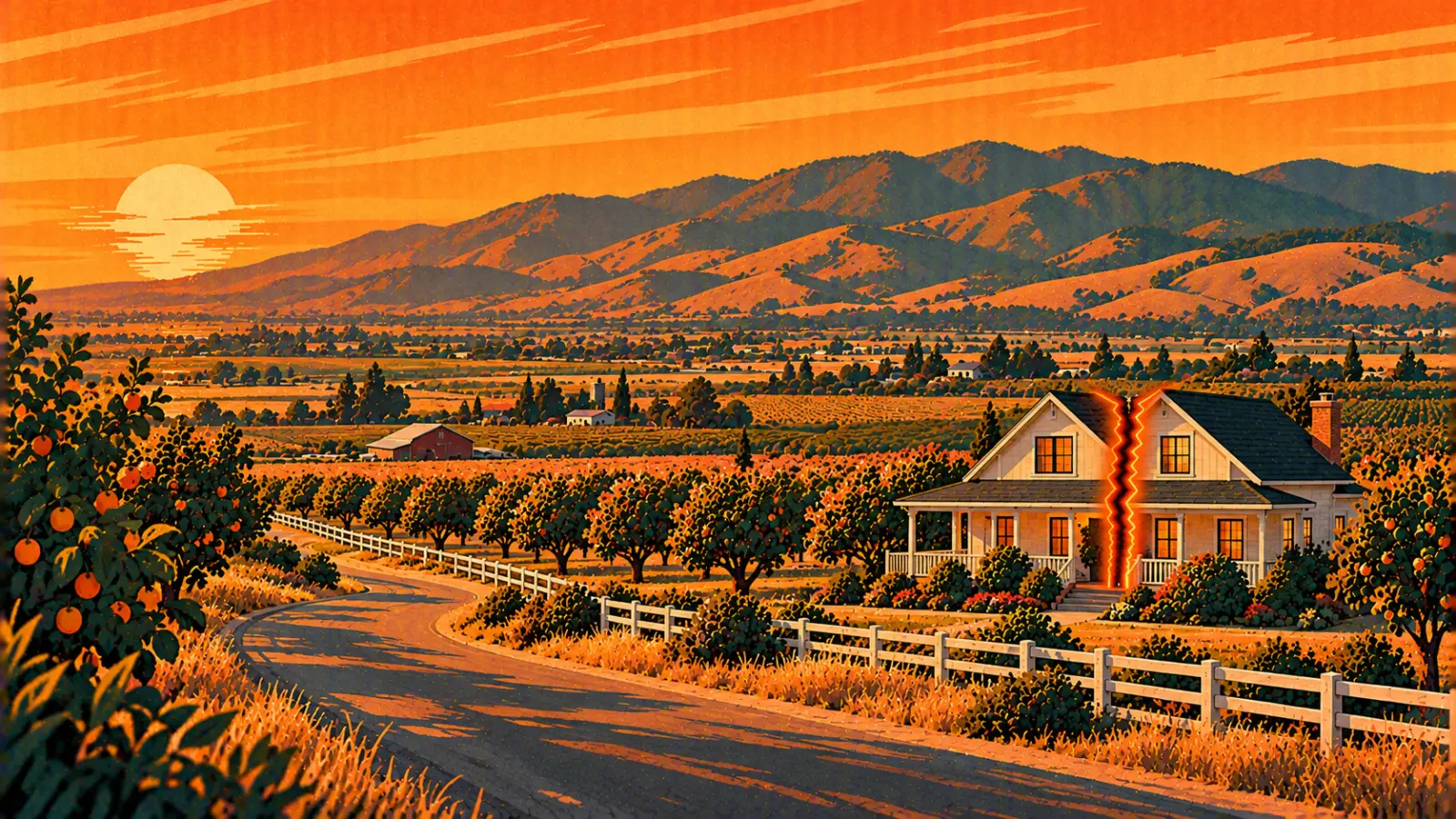Illustration of a Hollister farmhouse split down the middle beside apricot orchards with the Gabilan Range behind it, representing a co-owned property partition