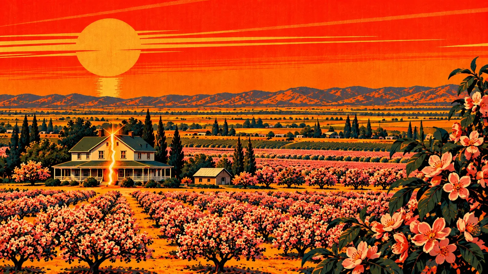 Illustration of a Hughson farmhouse split down the middle among peach orchards in bloom, representing a co-owned property partition