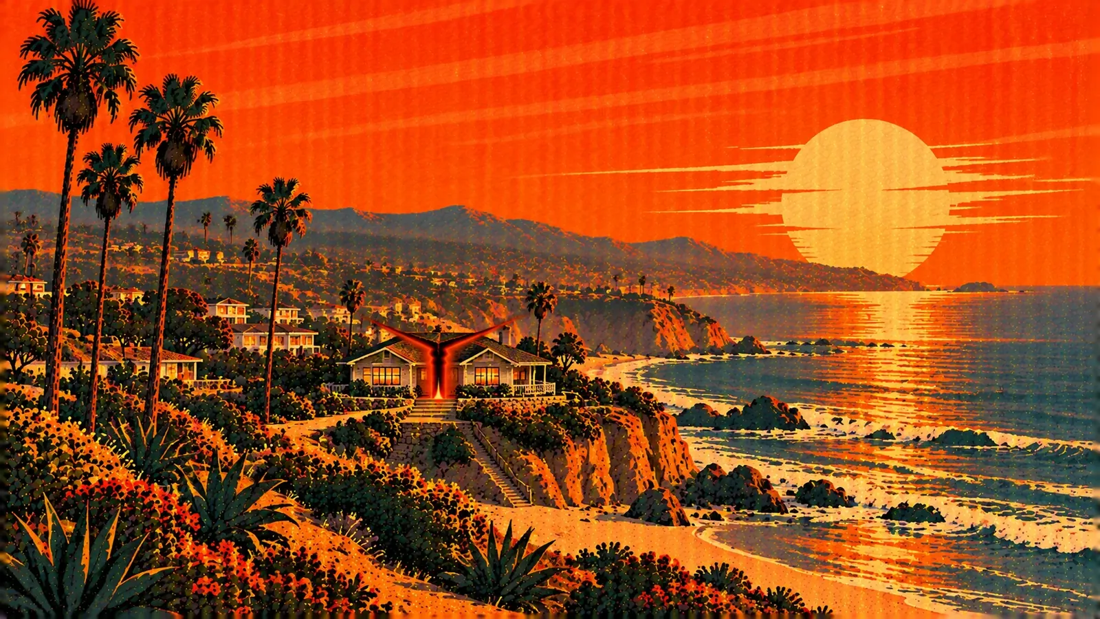 Illustration of a Laguna Beach beach cottage split down the middle on a coastal bluff with the Pacific behind it, representing a co-owned property partition