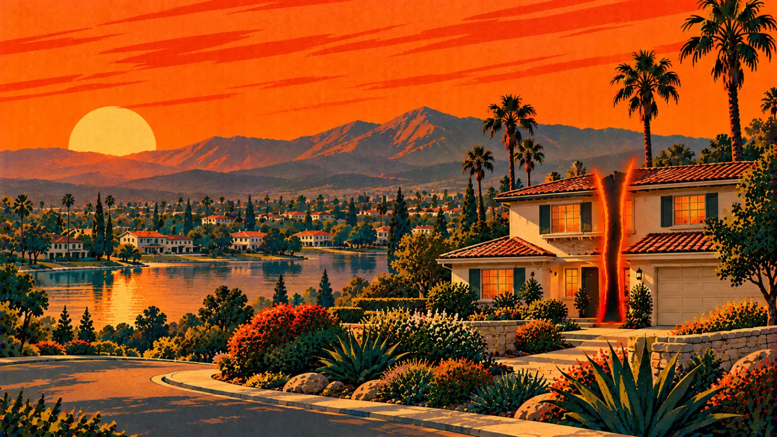 Illustration of a Lake Forest two-story home split down the middle beside a small lake with the Saddleback Mountains behind it, representing a co-owned property partition