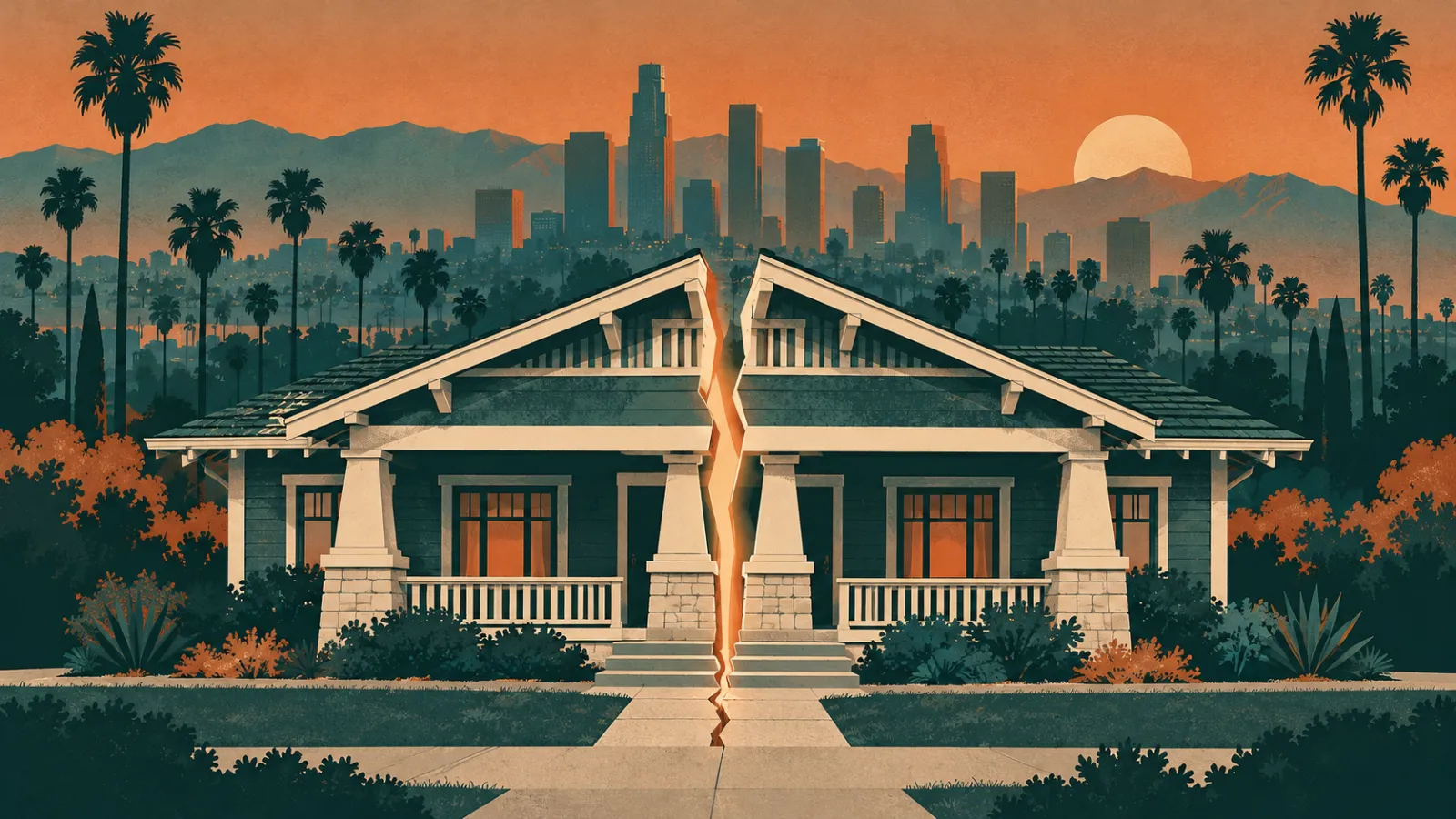 Illustration of a Los Angeles Craftsman bungalow split down the middle in front of the downtown skyline and San Gabriel Mountains, representing a co-owned property partition
