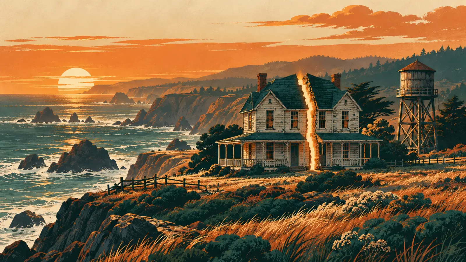 Illustration of a Mendocino County weathered coastal farmhouse split down the middle on a bluff with a water tower and ocean cliffs behind it, representing a co-owned property partition