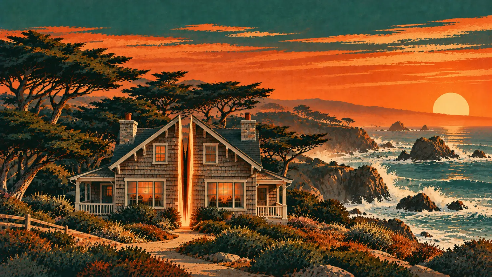 Illustration of a Monterey County shingle cottage split down the middle among cypress trees on a rocky coastline, representing a co-owned property partition