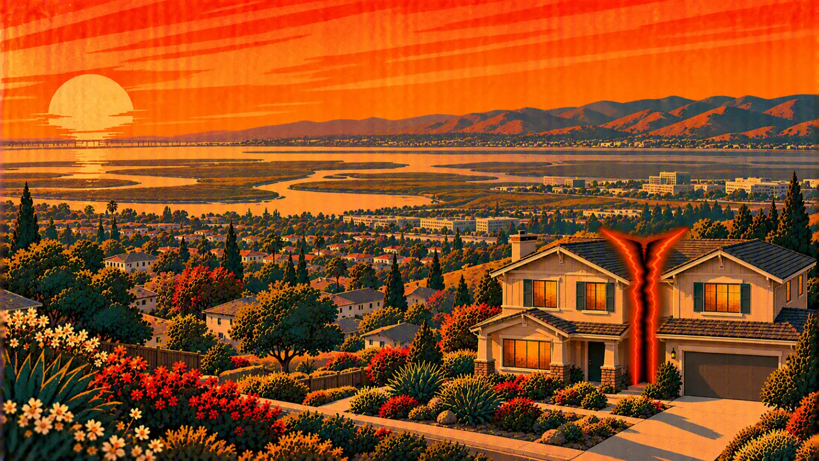 Illustration of a Newark two-story home split down the middle with the bay marshes and East Bay hills beyond, representing a co-owned property partition