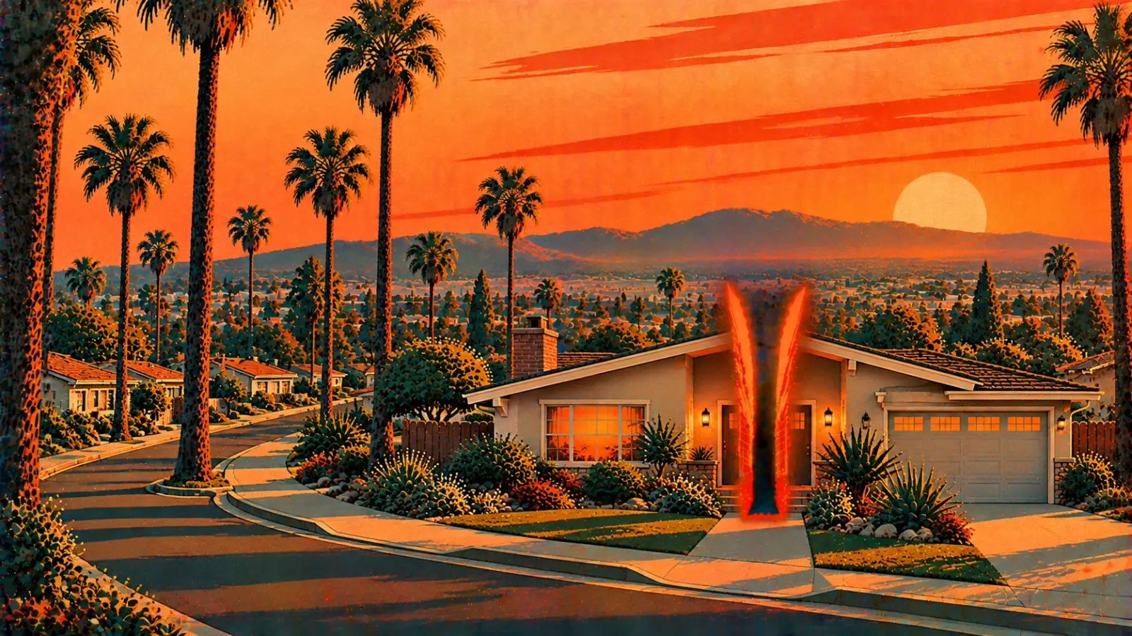 Illustration of a Norwalk post-war stucco home split down the middle on a palm-lined street at golden hour, representing a co-owned property partition