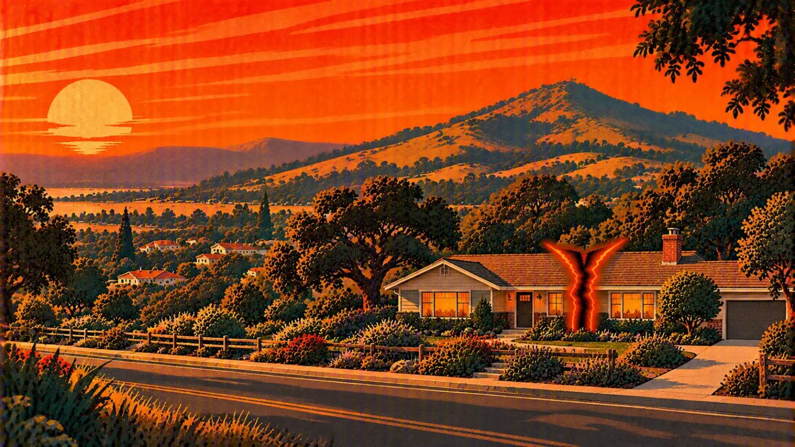 Illustration of a Novato ranch home split down the middle among oaks with Mount Burdell behind it, representing a co-owned property partition