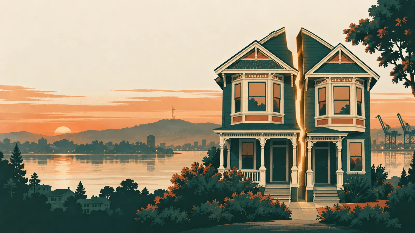 Illustration of an Oakland Victorian house split down the middle in front of Lake Merritt, representing a co-owned property partition
