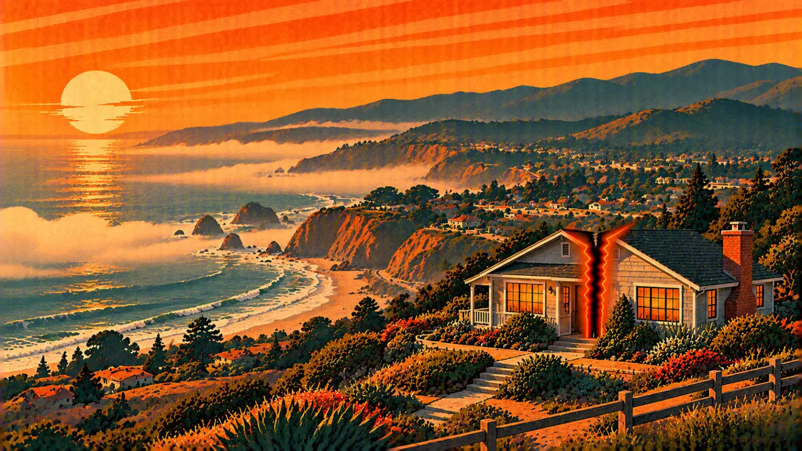 Illustration of a Pacifica coastal cottage split down the middle above foggy ocean cliffs and a beach, representing a co-owned property partition