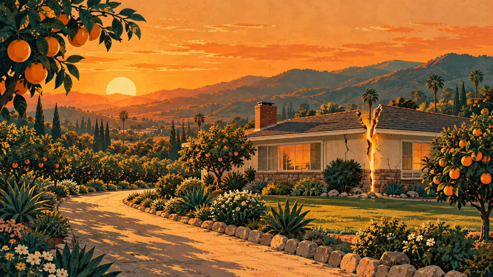 Illustration of a Placentia ranch home split down the middle with orange trees and rolling hills, representing a co-owned property partition
