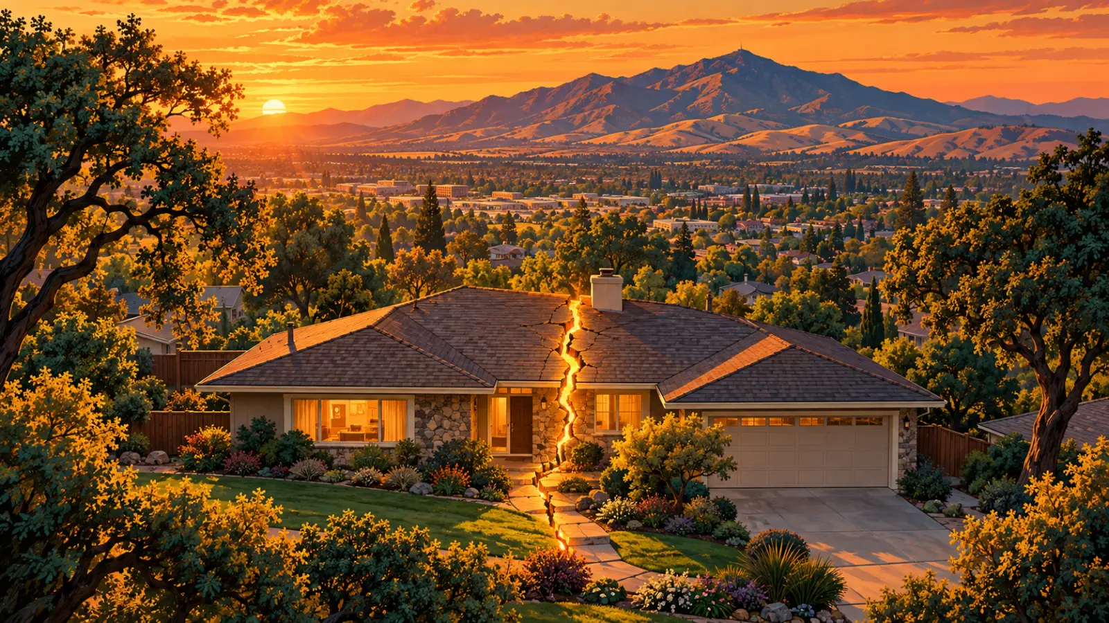 Illustration of a Pleasant Hill ranch home split down the middle with oaks and Mount Diablo behind it, representing a co-owned property partition