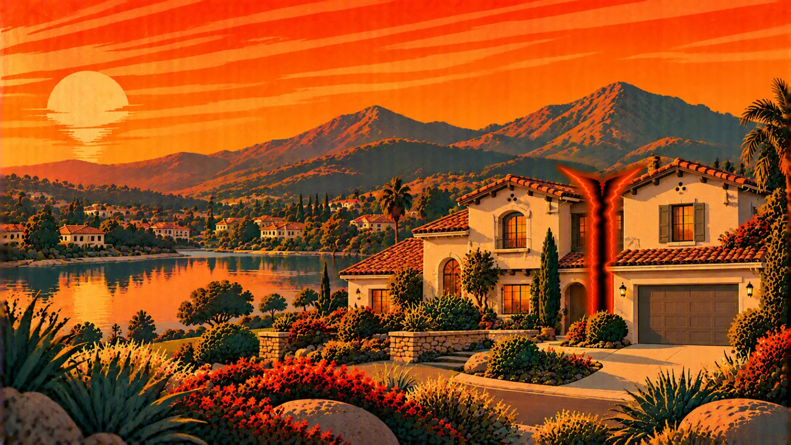 Illustration of a Rancho Santa Margarita Spanish-style home split down the middle beside a small lake with the Saddleback peaks behind it, representing a co-owned property partition