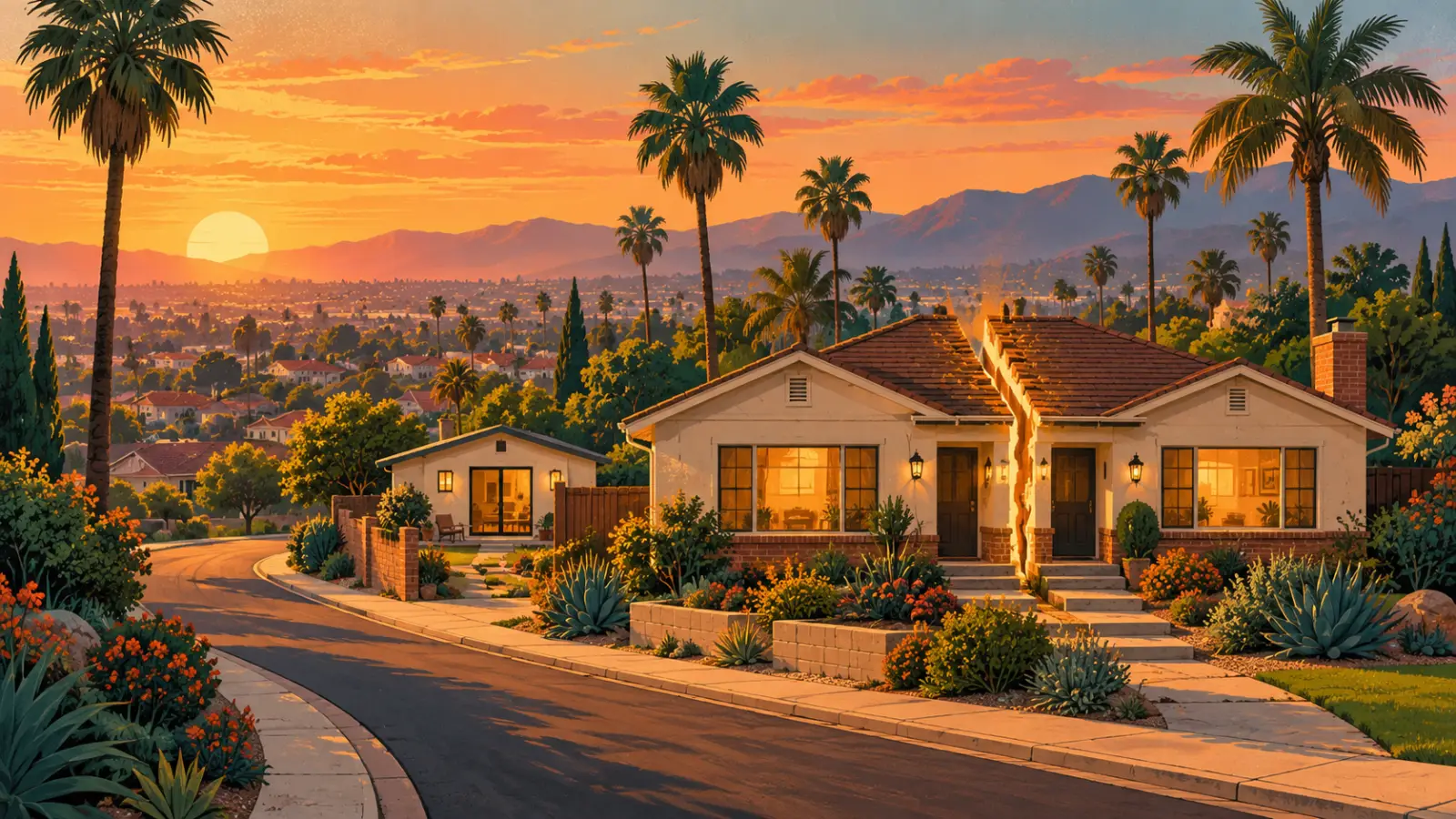 Illustration of a Rosemead single-story home split down the middle with a backyard second unit and palms, representing a co-owned property partition