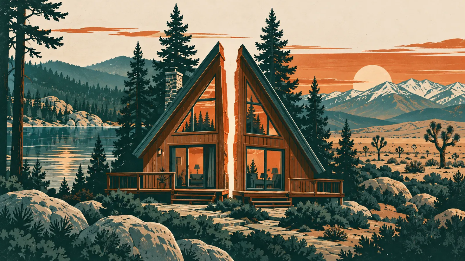 Illustration of a San Bernardino County A-frame mountain cabin split down the middle beside a lake, with Joshua trees and snowy mountains behind it, representing a co-owned property partition