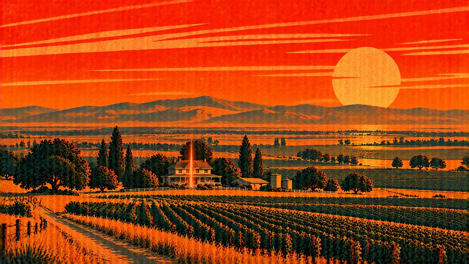 Illustration of a San Joaquin farmhouse split down the middle beside flat farm fields with distant hills, representing a co-owned property partition