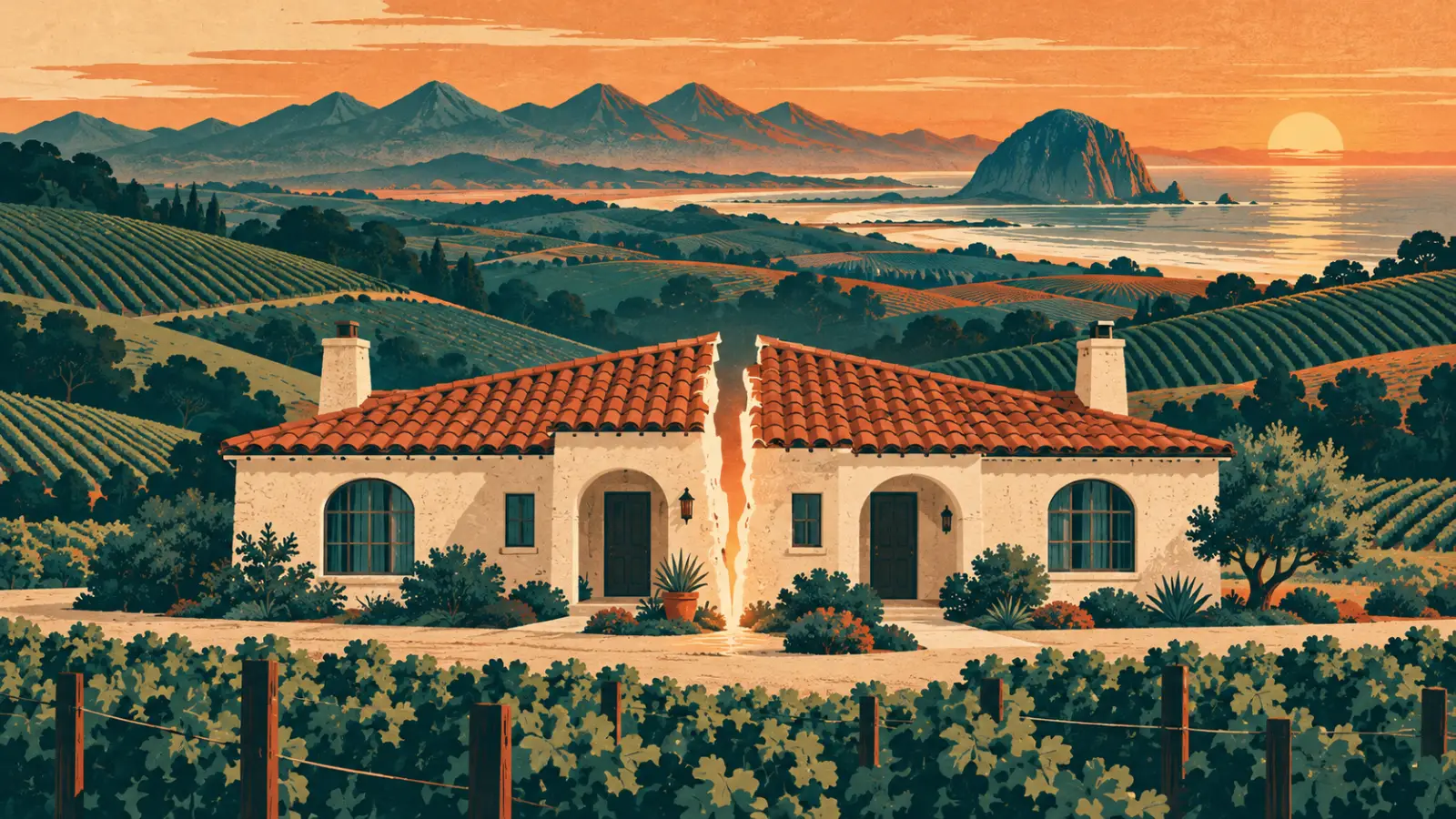 Illustration of a San Luis Obispo County adobe ranch house split down the middle among vineyards, with Morro Rock in the distance, representing a co-owned property partition