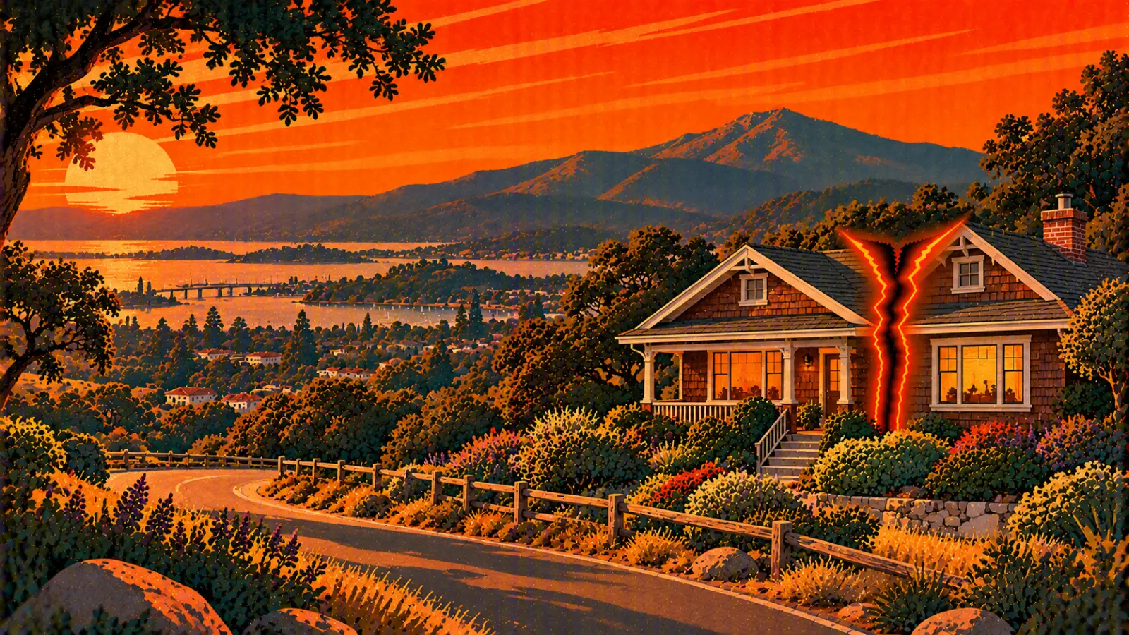 Illustration of a San Rafael brown-shingle home split down the middle among oaks with Mount Tamalpais behind it, representing a co-owned property partition