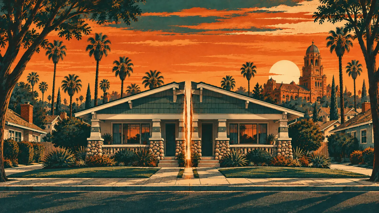 Illustration of a Santa Ana craftsman bungalow split down the middle with palm trees and a historic sandstone courthouse tower behind it, representing a co-owned property partition