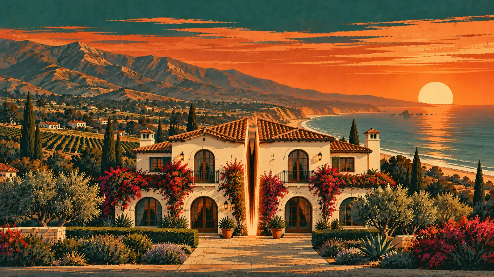 Illustration of a Santa Barbara County Mediterranean villa with bougainvillea split down the middle, with the Santa Ynez Mountains and the ocean behind it, representing a co-owned property partition