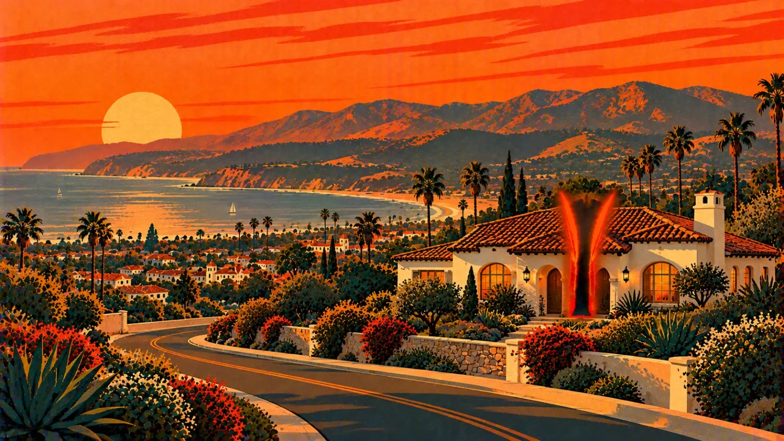 Illustration of a Santa Barbara white Spanish colonial home with a red tile roof split down the middle with the Santa Ynez Mountains and the ocean behind it, representing a co-owned property partition