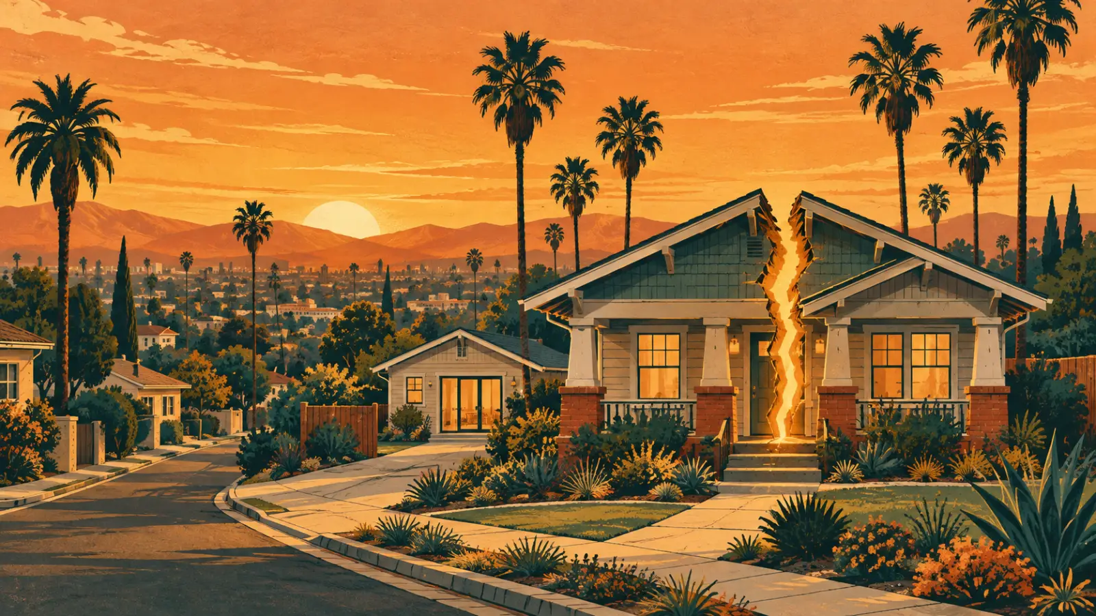 Illustration of a South Gate small craftsman home split down the middle with a backyard unit and palm trees, representing a co-owned property partition