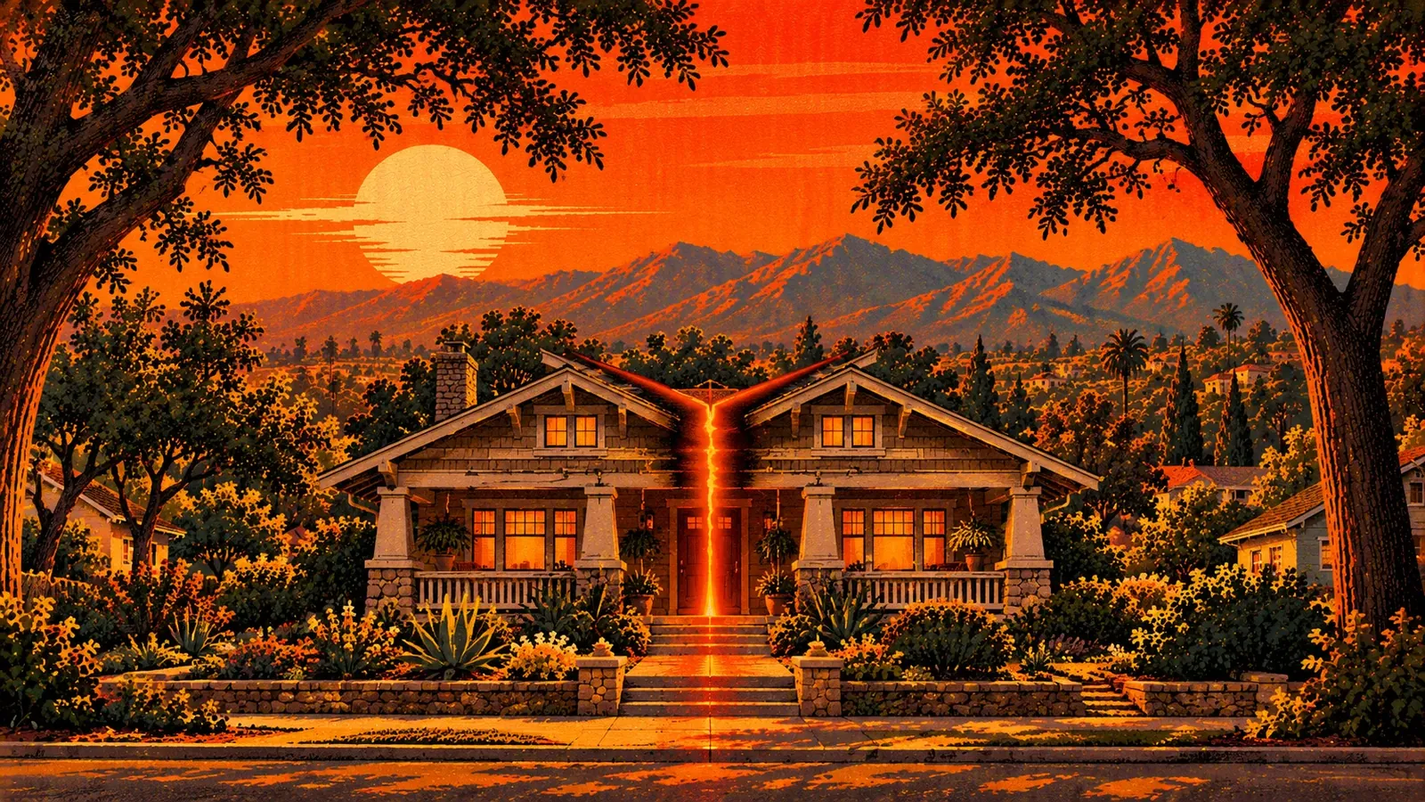 Illustration of a South Pasadena craftsman home split down the middle under tall oaks with the San Gabriel Mountains behind it, representing a co-owned property partition