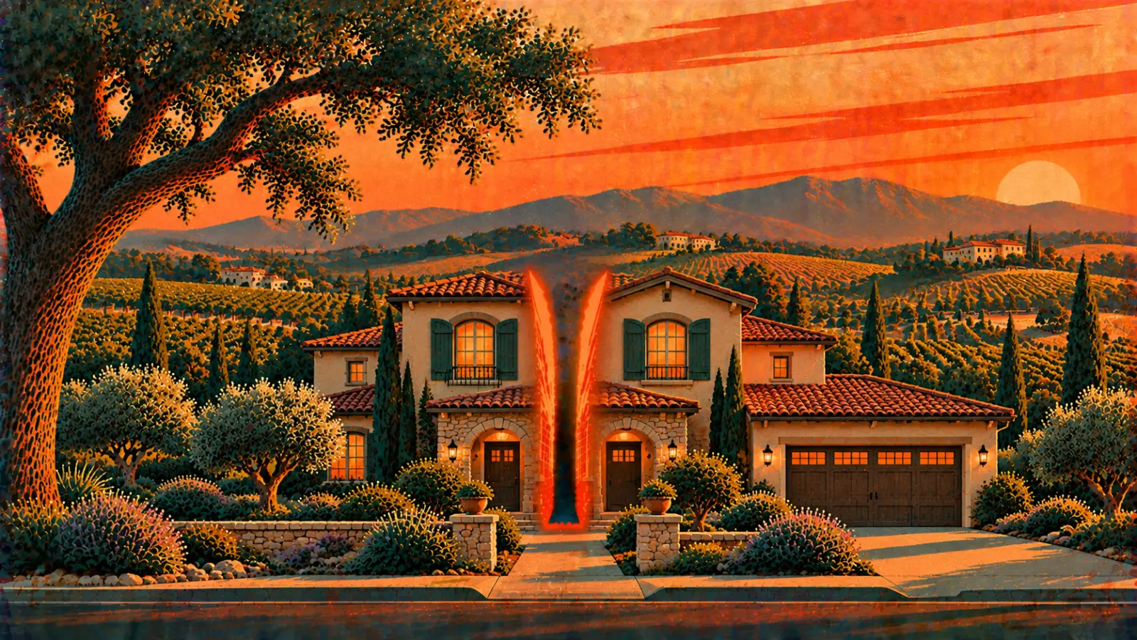 Illustration of a Temecula Tuscan-style home split down the middle beside vineyard rows and rolling golden hills, representing a co-owned property partition