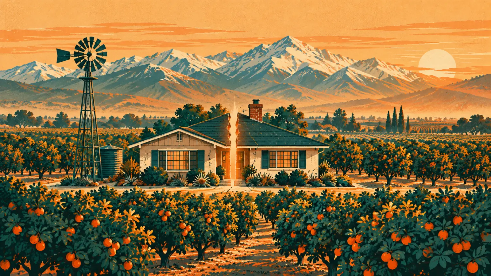 Illustration of a Tulare County ranch house split down the middle beside citrus groves with the Sierra Nevada behind it, representing a co-owned property partition