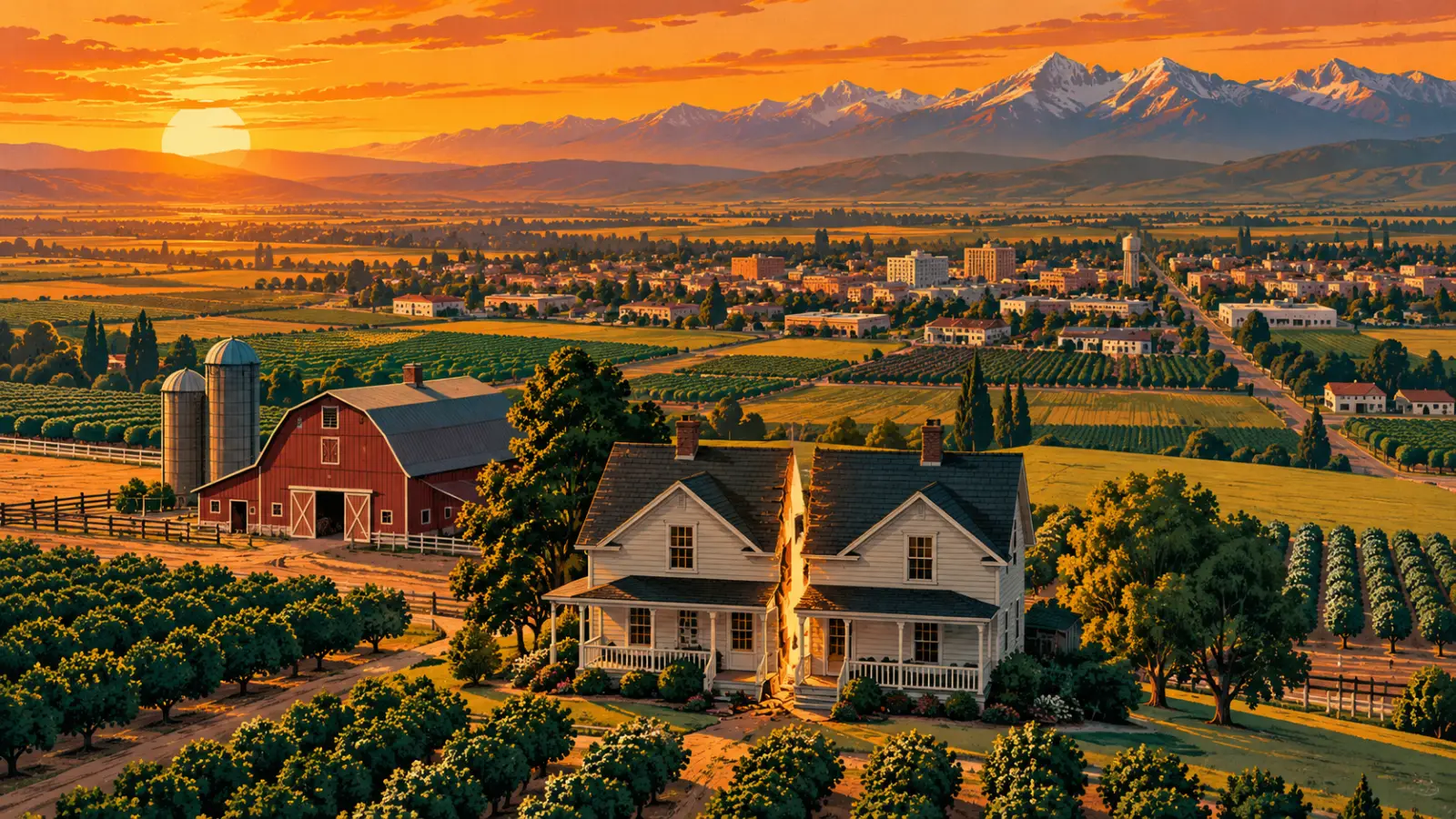 Illustration of a Tulare farmhouse split down the middle beside a dairy barn and fields with the Sierra Nevada behind it, representing a co-owned property partition