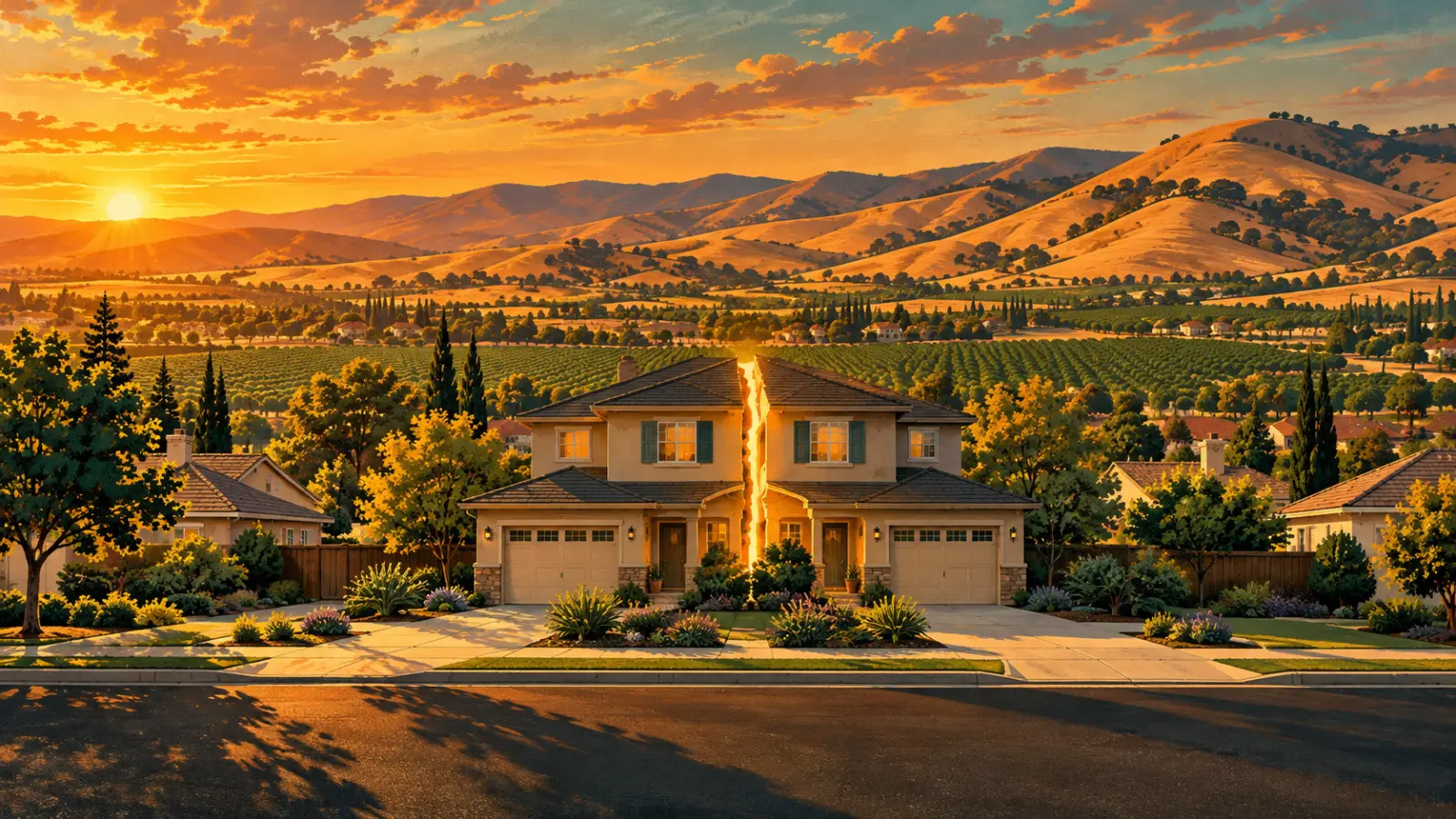 Illustration of a Vacaville two-story suburban home split down the middle with golden hills and orchards behind it, representing a co-owned property partition