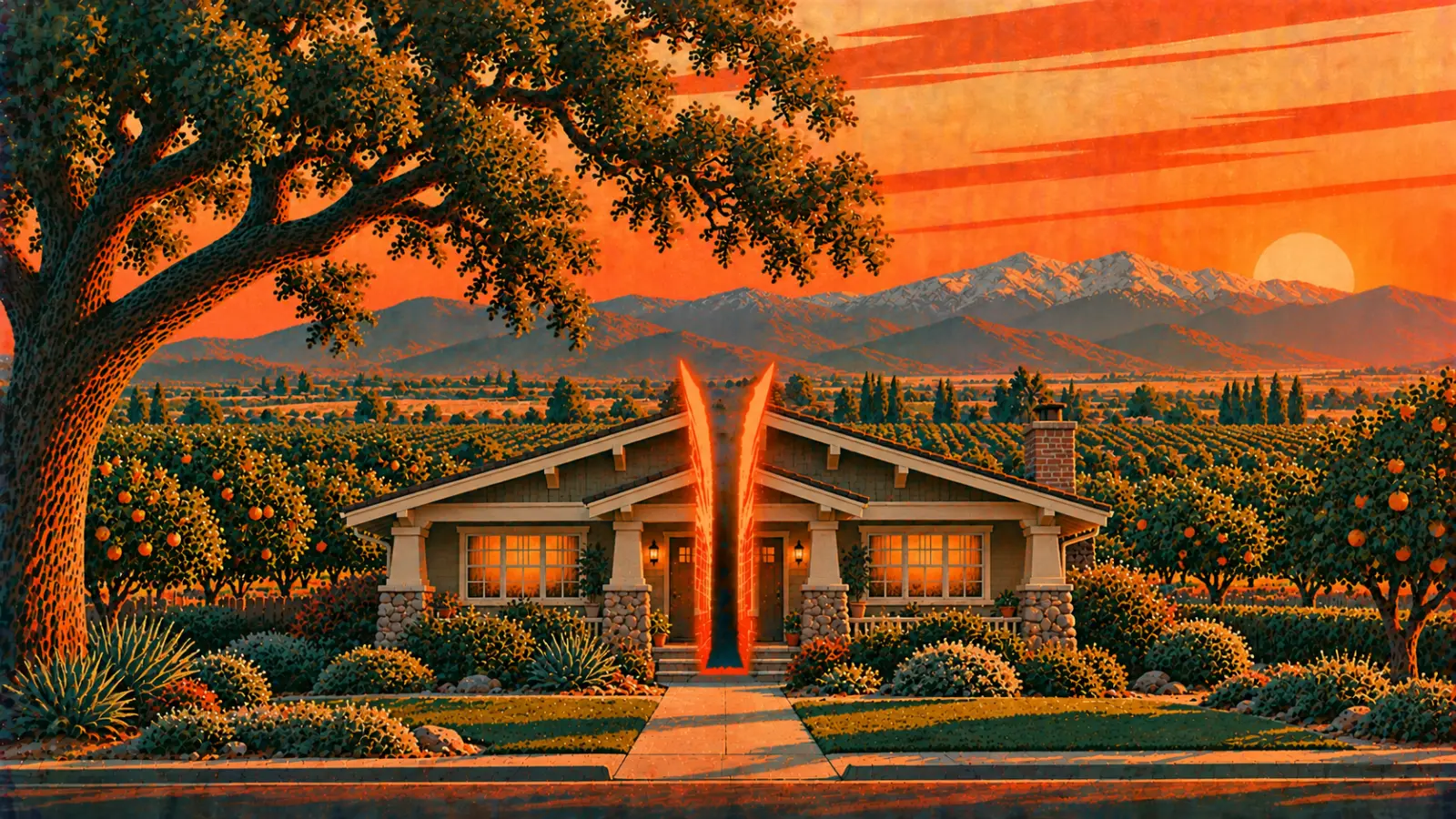 Illustration of a Visalia craftsman home split down the middle under valley oaks with citrus orchards and the Sierra Nevada behind it, representing a co-owned property partition