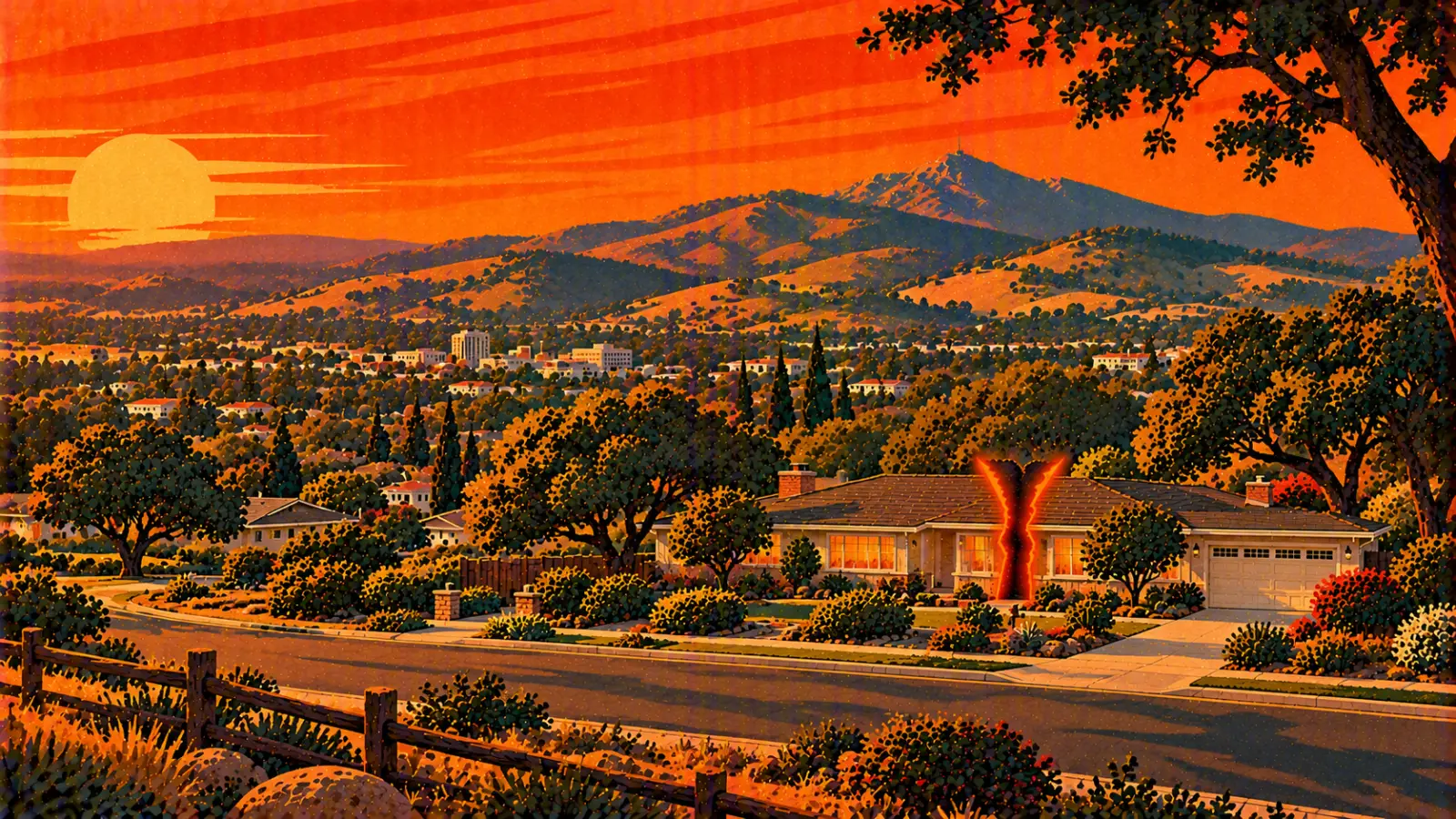 Illustration of a Walnut Creek ranch home split down the middle with oak trees and Mount Diablo behind it, representing a co-owned property partition