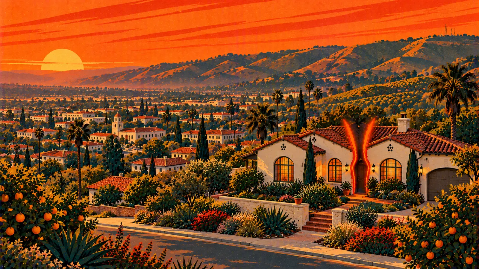 Illustration of a Whittier Spanish revival home split down the middle with the Puente Hills and citrus trees behind it, representing a co-owned property partition