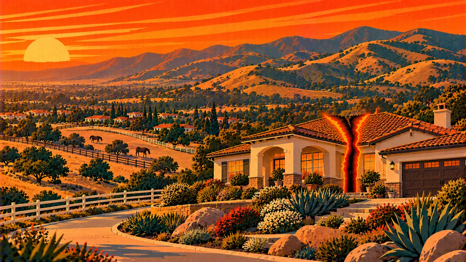 Illustration of a Yorba Linda hillside ranch home split down the middle with horse trails and the Chino Hills behind it, representing a co-owned property partition